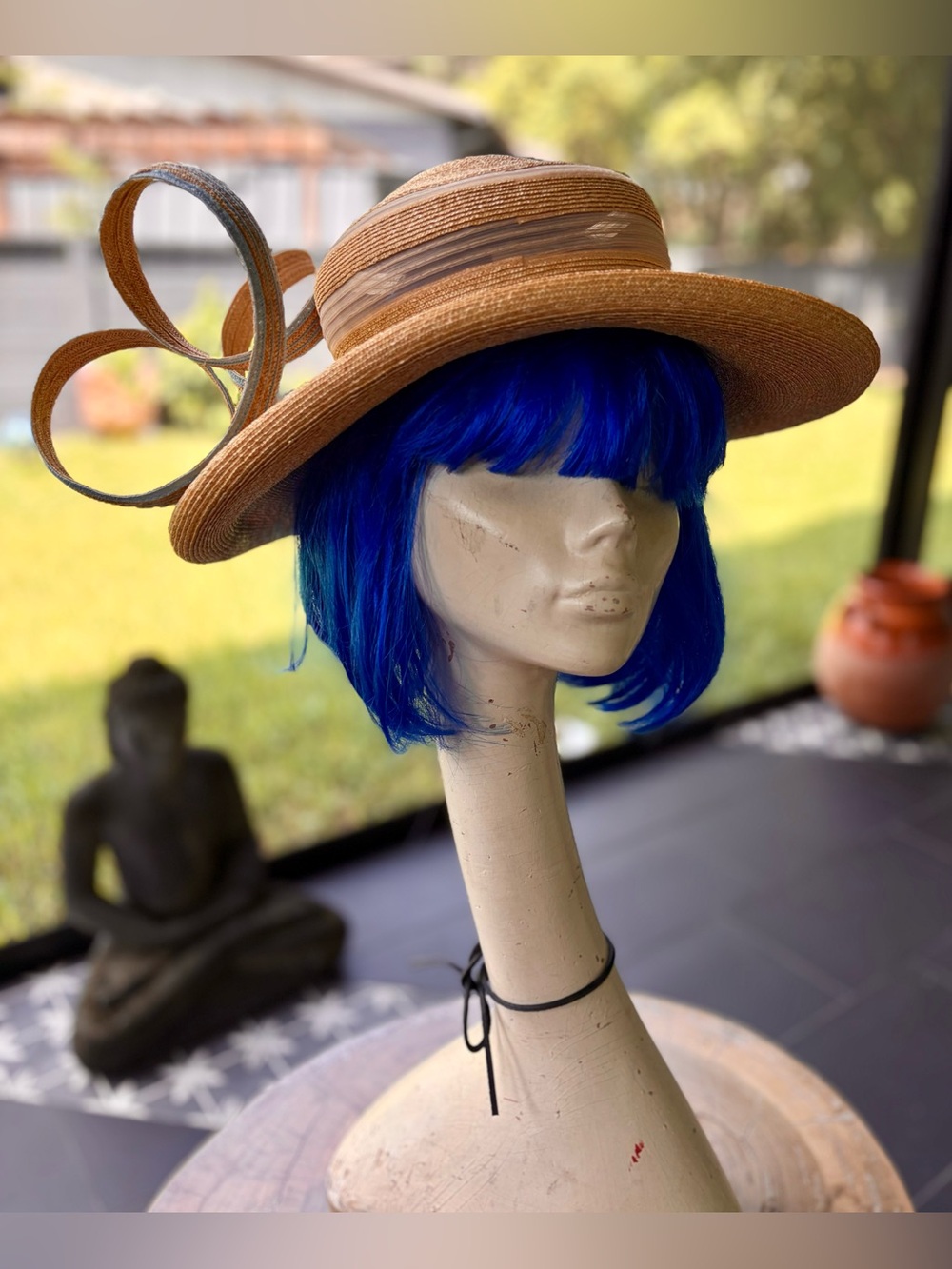 Straw Wide-Brim Hat in Natural Tan with Decorative Bow by Ignatius Creegan